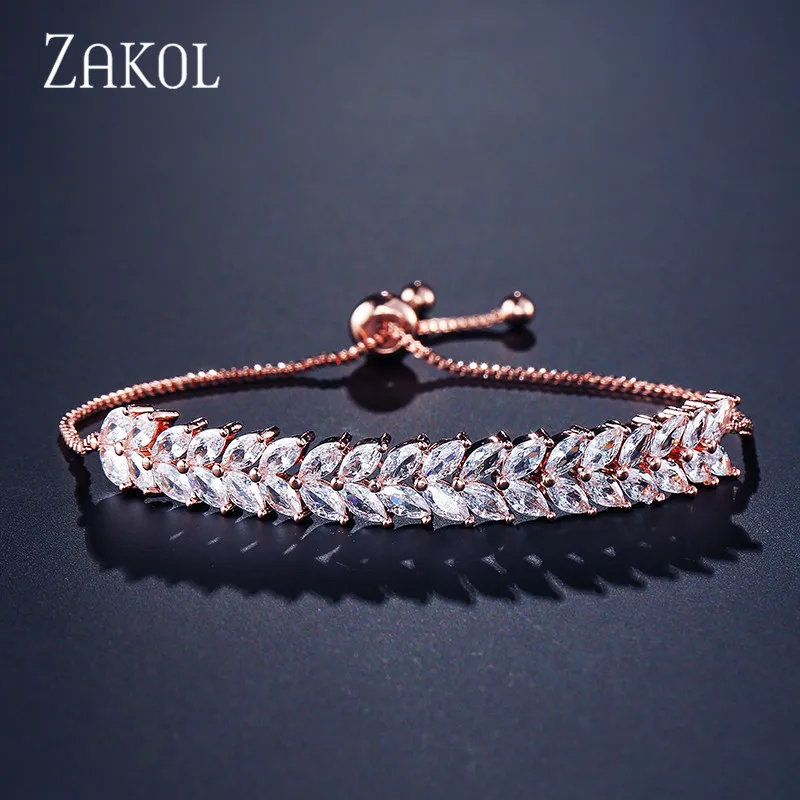 Rose Gold Color ZAKOL, модные регулируемые браслеты с цирконием и листьями для женщин, Браслеты Mujer, свадебный браслет с кристаллами, очаровательные вечерние ювелирные изделия FSBP1009 - Окраска металла: Rose Gold Color