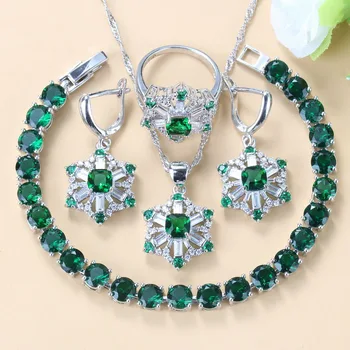 

Bridal Costume Green Zircon Silver Color Jewelry Sets For Women Dangle/Earrings/Bracelet/Ring Wedding Jewelry