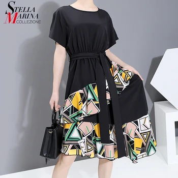 

New 2020 Women Summer Short-Sleeve Black Patchwork Dress With Sashes A-Line Printed Ruffles Ladies Stylish Dresses vestidos 6252