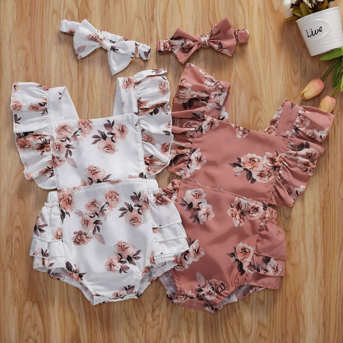 

New Baby Summer Clothing Infant Newborn Baby Girl Floral Romper Sleeveless Ruffled Jumpsuits With Headband 0-24M