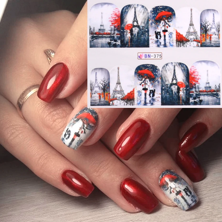 1 шт Красный Валентин наклейки для ногтей романтическая Цветочная башня слайдер для ногтей маникюр Decora очаровательные наклейки для ногтей советы LABN373-384-2