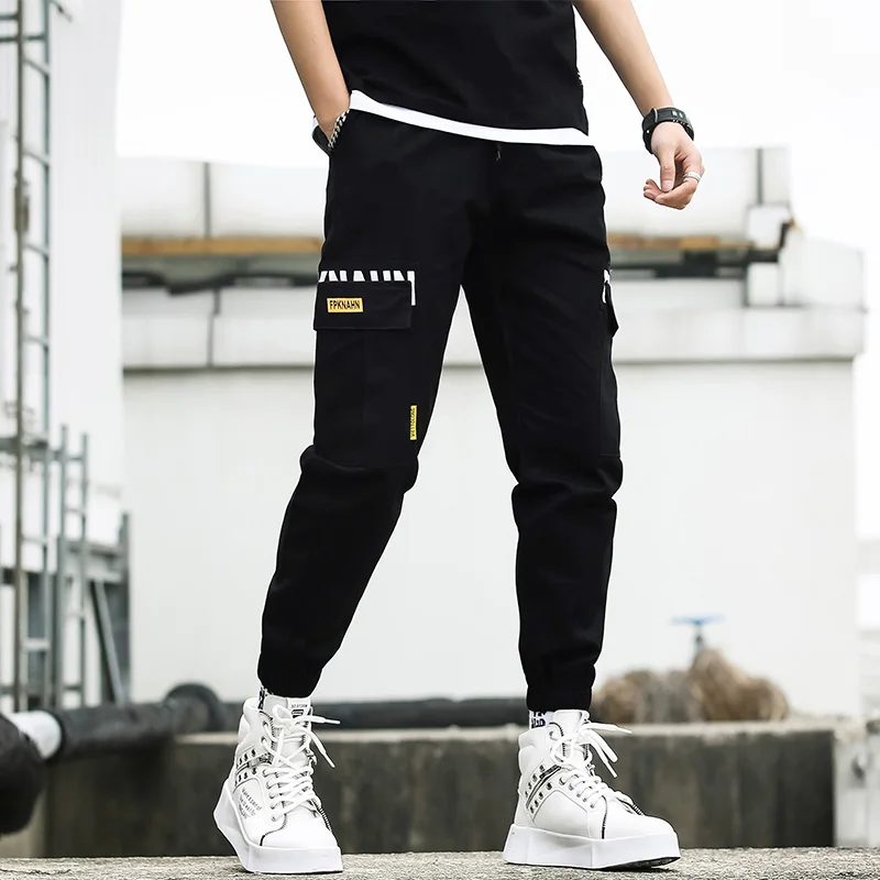 

Men cargo pants fashion 2020 new spring and autumn black pockets cotton male ankle-length pants teenager boys Korean style n56