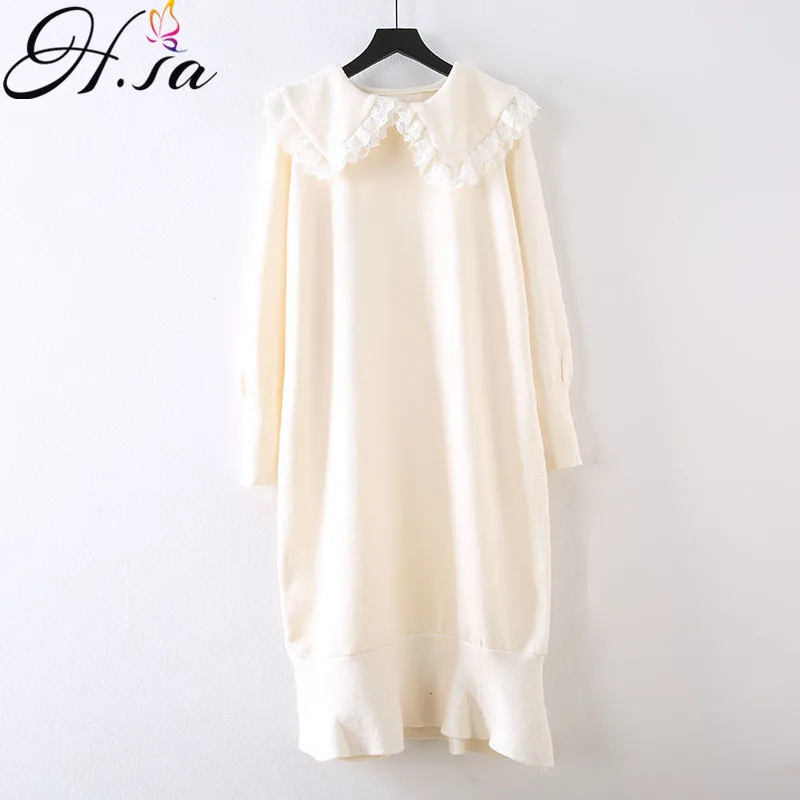 H.SA 2020 Women Spring New Arrivals Sweet Ruffles Long Sweater Dresses Cute Neck Turn Down Collar White Lace Dress Pull Femme | Женская
