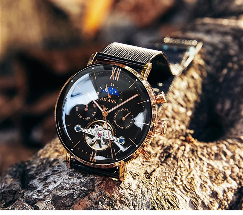 AILANG Uomo Automatico Meccanico Tourbillon di Lusso da Polso Uomo Cintura in Maglia di Acciaio Inossidabile es es_voghion.com