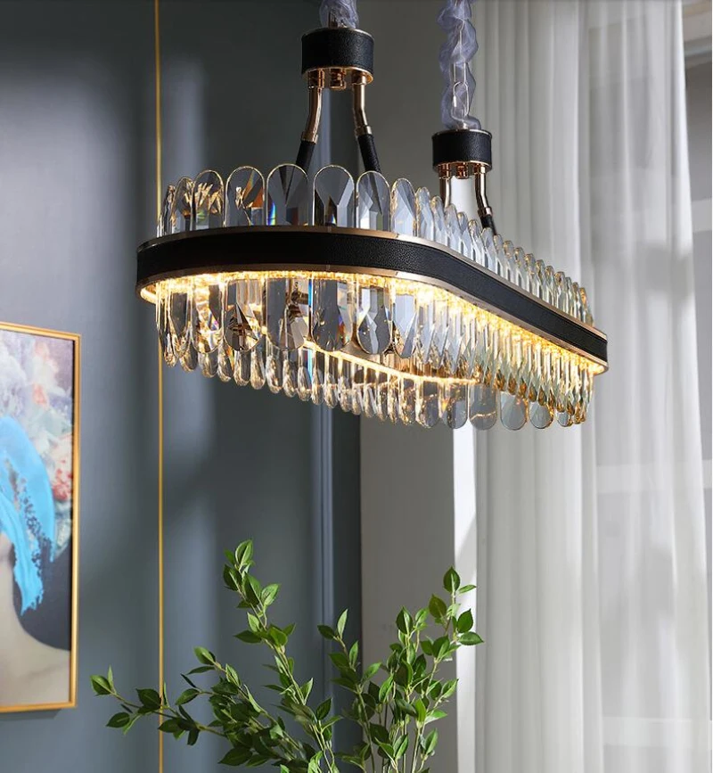 Современный светодиодный светильник для кухни, прямоугольная хрустальная люстра, Современный дизайнерский креативный кожаный светильник для столовой