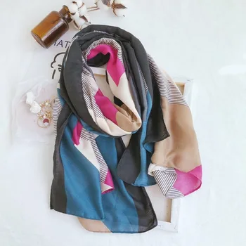 

2020 fashion new silk scarf women summer Korean version hundred-color geometric stitching long scarved long scarveshaw shawl