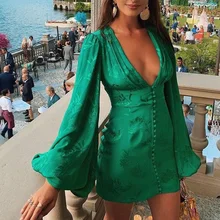 

Vintage Women Satin Dresses Green Sexy Deep V Neck Botton Lantern Sleeve Mini Dress Sexy Female Party Dresses Night Club Autumn