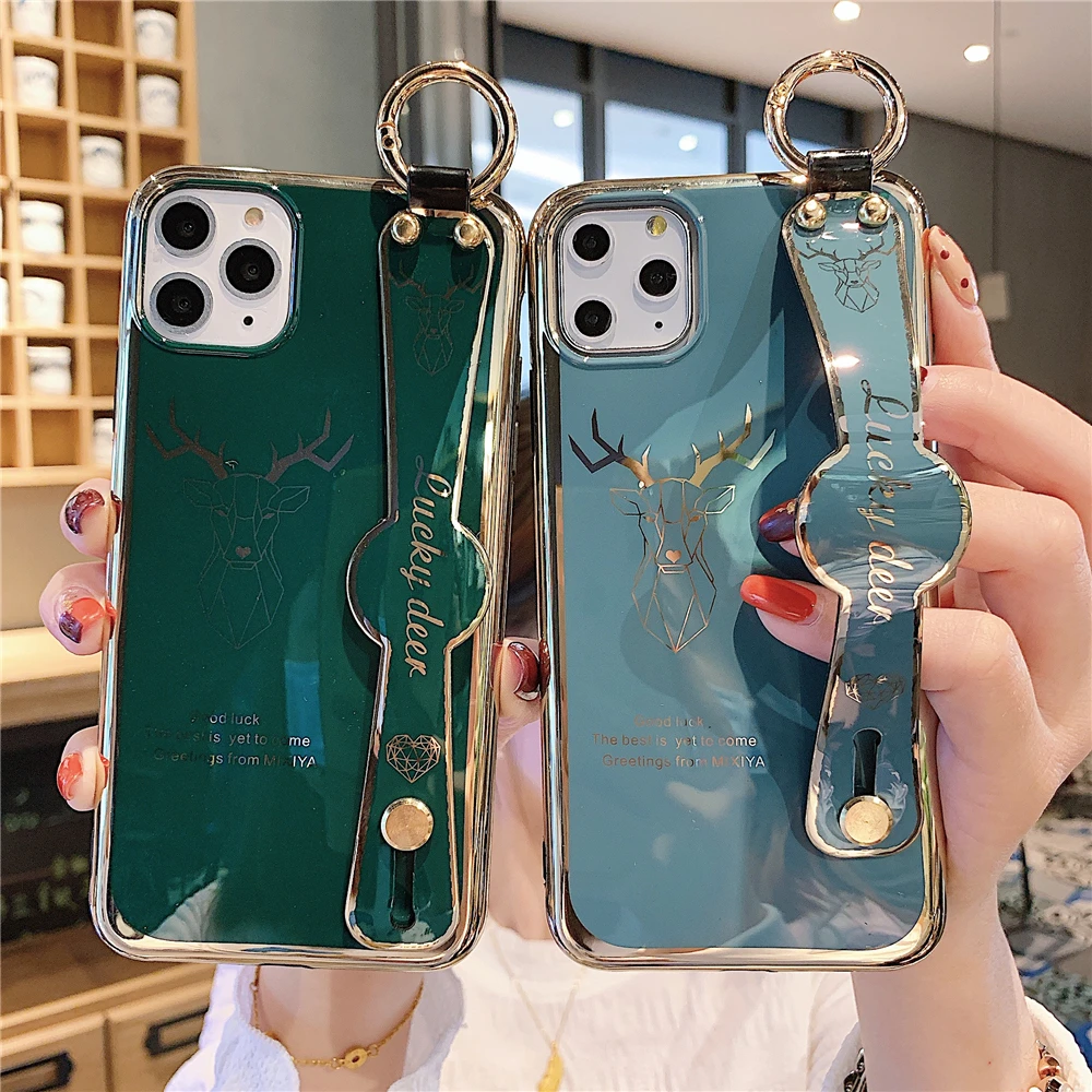 Luxury Deer Plating Wrist Strap Case for Funda iPhone 11 Soft Phone Holder Cover for iPhone 11 Pro Max XR Xs Max 7 Plus 8 X SE 2