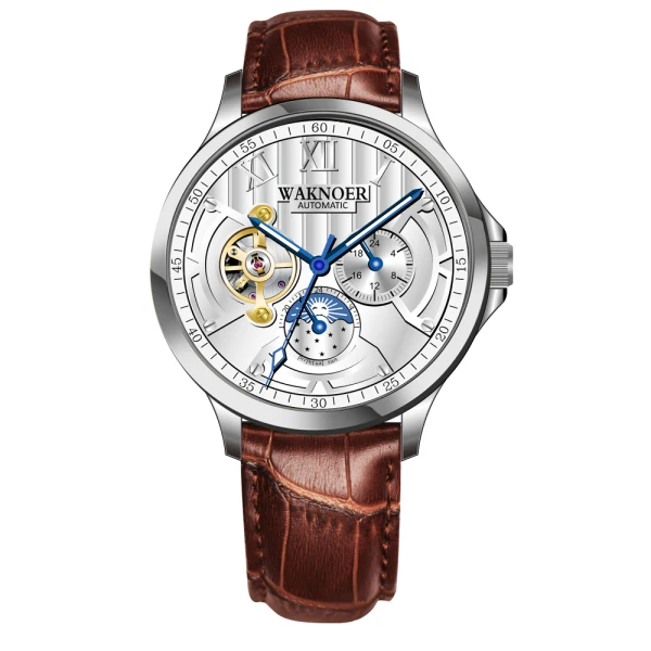 brown gold WAKNOER механические часы мужские светящиеся автоматические часы Tourbillon водонепроницаемые механические часы для мужчин полностью стальные часы - Цвет: brown gold