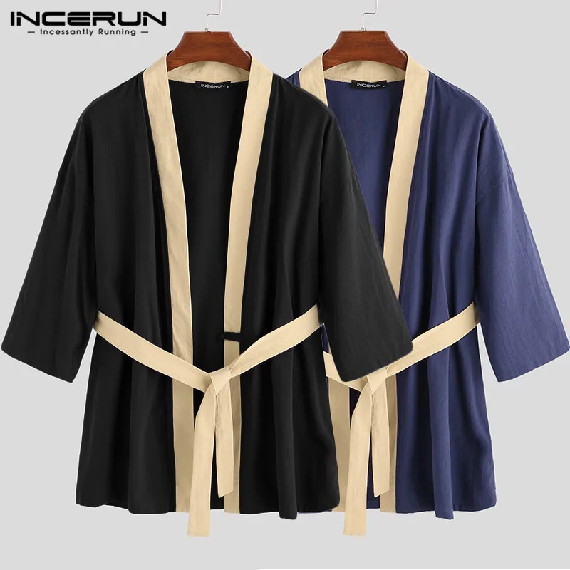 INCERUN Китайская традиционная рубашка для мужчин Hanfu хлопковый кардиган 3/4 рукав v-образный вырез Винтажная с поясом Этническая одежда Kungfu рубашки S-5XL