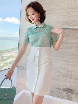

Beaded Frog Polka Dot Mesh Flower Lace Shirt + High Waist Slim Skirt Suit, Female 2020 New in Early Autumn