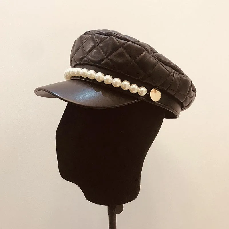 

Fibonacci Fashion Hats For Women Autumn Winter Military Hat Cap European Pearl Plaid PU Leather Female Retro Hepburn Flatcap