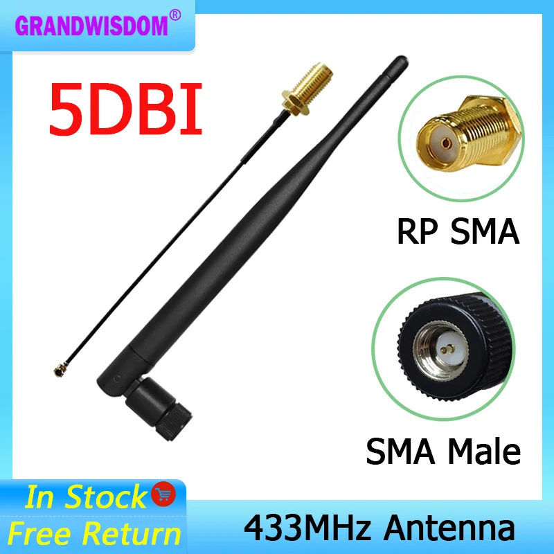 433 Mhz Antenna Wifi 5Dbi Sma Connettore Maschio 433 Mhz Iot Antena Impermeabile Antenna Direzionale 21Cm Rp-Sma/U.Fl Cavo A Spirale