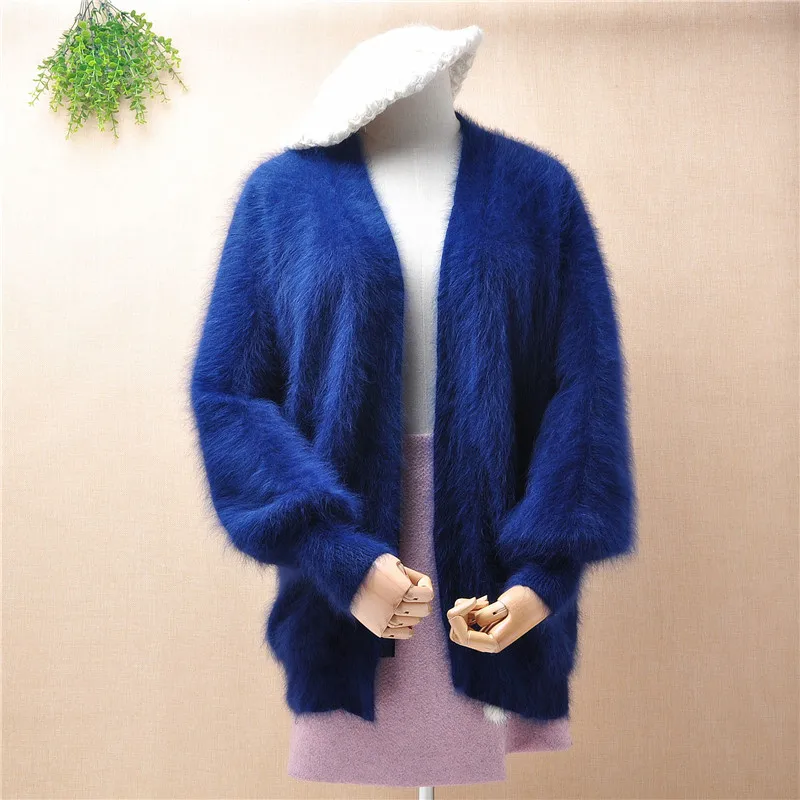 

elegant fashion ladies women fashion hairy mink cashmere long lantern sleeves loose cardigans angora rabbit fur jacket coat pull
