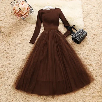 

Women Knit Mesh Patchwork Dress Long Sleeve Ball Gown Elegant Woman Casual Knitted A-line Dresses