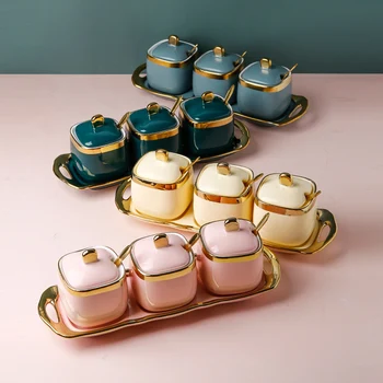 

Nordic Light Luxury Ceramic Seasoning Tank Oil Bottle Tray Set Salt MSG Seasoning Box Pepper Storage Box Gift Kitchenaccessories