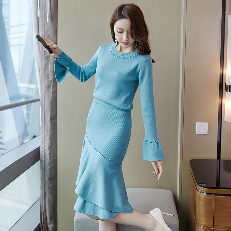 Pearl Chic Ladies Knitted Skirt Suit Autumn Mermaid + Lantern Sleeve Sweater Pullover Elegant Party 2-Piece Set |