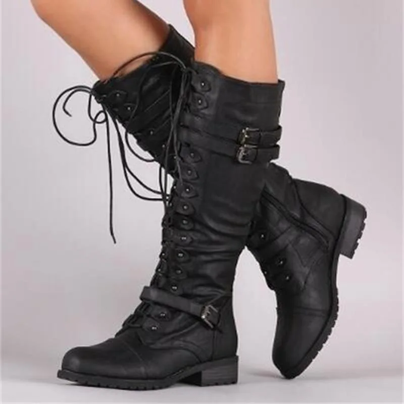

ECN New Women Mid Calf Boots Autumn Winter Lace Up Vintage Flat Shoes Sexy Steampunk Leather Retro Buckle Ladies Snow Boots