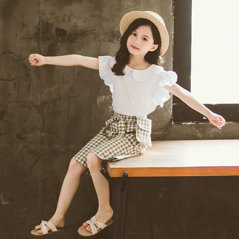 

Summer Kids Clothing Set Girls White Flying Sleeve T-shirt+Plaid Pants Two Piece Suits Teenage Clothes 3-12 y Children Outfits