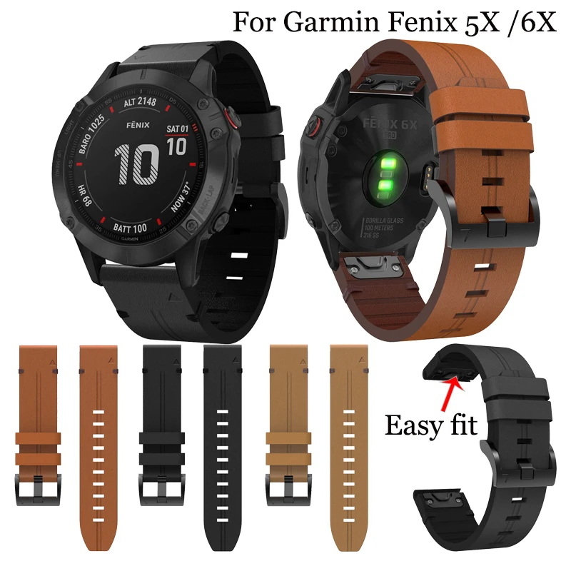 Ремешок кожаный для Garmin Fenix 5X/5X Plus быстросъемный браслет 3 3HR / Sapphire /Fenix 6X Pro 26 мм |