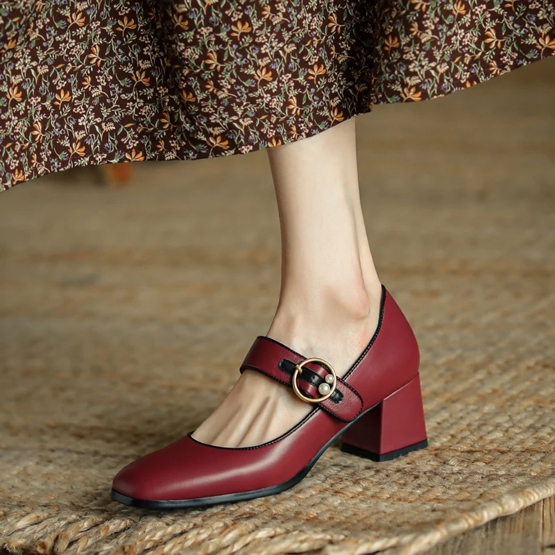 Zapatos Mary Janes de piel auténtica para mujer, calzado de tacón alto