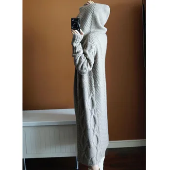 

Womens New Winter Elegant 2020 Cardigan Coat Long Hooded Sweaters Thick Warm Sweater Female Loose Casual Streetwear Tops