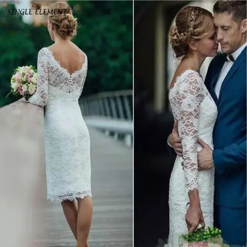 

SINGLE ELEMENT Sheath Knee Length Custom Made Long Sleeve Vintange Bridal Dress