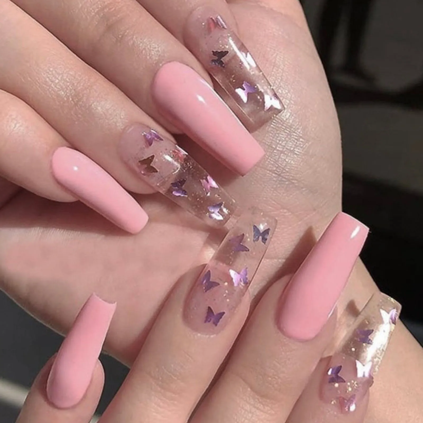 24pcs Detachable Pink False Nails With Glitter Butterfly Sequins Designs Long Coffin Fake Nail Full Cover Press On Nail Art Tips False Nails Aliexpress