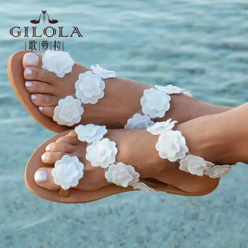 

Women Sandals Summer Shoes Flat Flowers Comfortable White Casual Slip On Size 35-43 #Y0333190Q