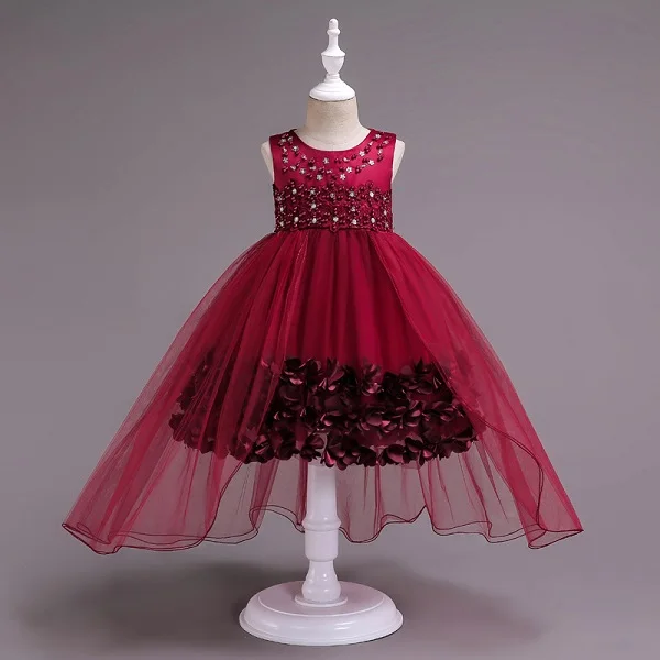 Детские платья для девочек; длинное платье с цветочным узором для девочек; платье принцессы для свадебной вечеринки; Детские платья для первого причастия для девочек - Цвет: WineRed