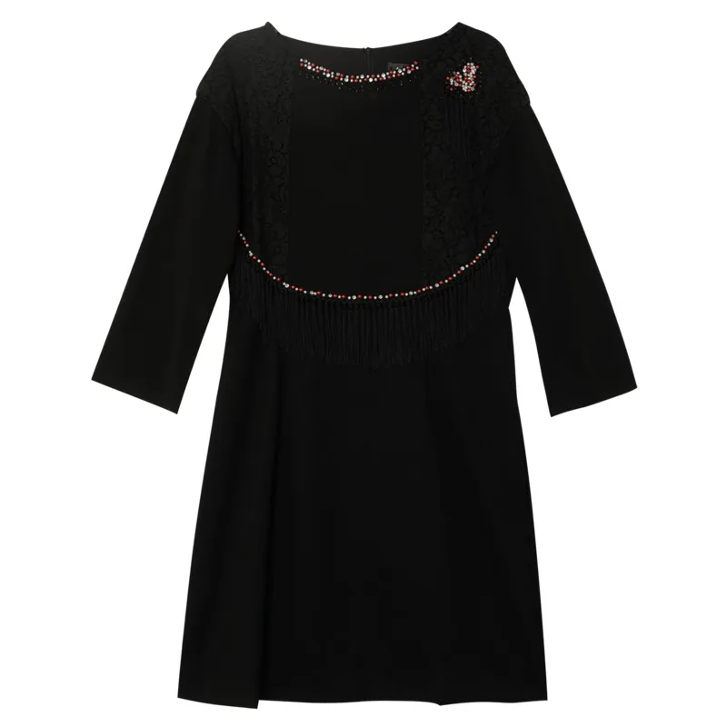 L~ 4XL 5XL класса люкс с бахромой платья кружевные лоскутные маленькие Платье черного цвета большие Размеры жемчуг бриллианты Повседневное с длинным рукавом платье C2257