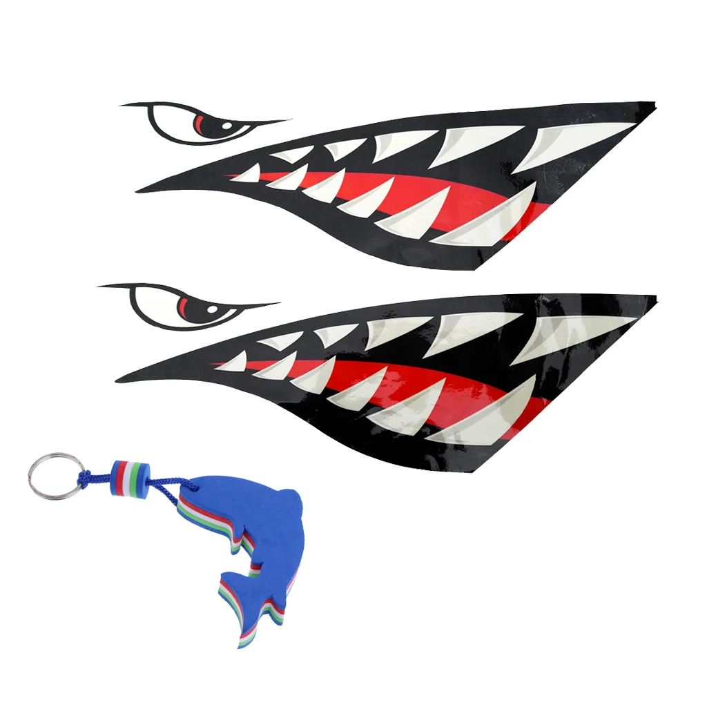 2x Shark Tooth Vinyl Decals Stickers Kayak Jet Ski + Blue Dolphin Shaped Floating Key Chain