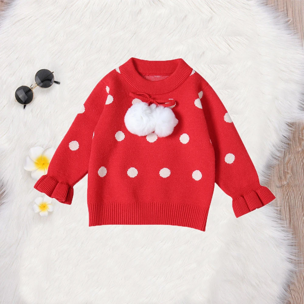 Рождественский свитер в горошек для маленьких девочек, детский пуловер, детская верхняя одежда, Осенние теплые свитера