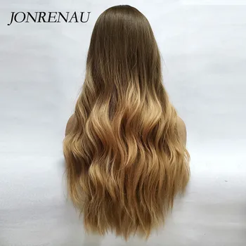 JONRENAU Heat Resistant Long Natural Wave Hair Synthetic Ombre Brown to Blonde Wigs for White/Black Women 5