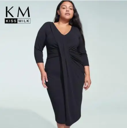 

Kissmilk Western Style Simple Style Waist Cross Fold Asymmetry Large Size Solid Color V-neck Long Sleeve Dress Midi Dresses 5.0