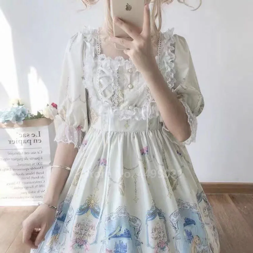 Женское платье в стиле Лолиты, плиссированное, кружевное, с принтом, Kawaii JSK OP, Тюлевое, жемчужное, мягкое, для сестры, коллаж, стильные, милые, чайные, вечерние, юбки