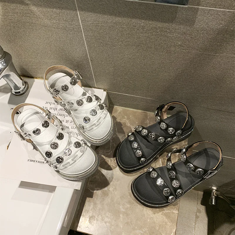 

Sandals Women's 2019 Summer New Products Thick Bottomed Elevator Shoes A- line Buckle Metal Sequins Slipper Women's