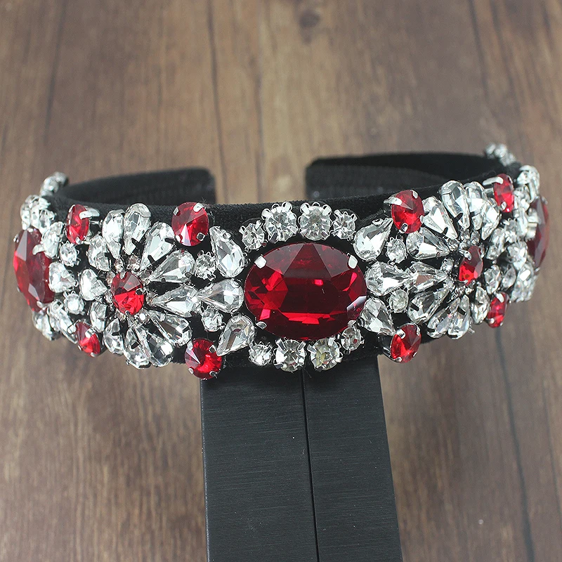 European Luxury Velvet Hair Accessories Red Full Crystal Flower Baroque Hairband Elegant Rhinestone Headband For Women Wedding | Украшения
