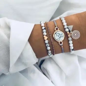 4pcs/Set Bohemian Stone beads chains bracelets Set For Women Metal Heart Round Tassel Fashion Jewelry 1