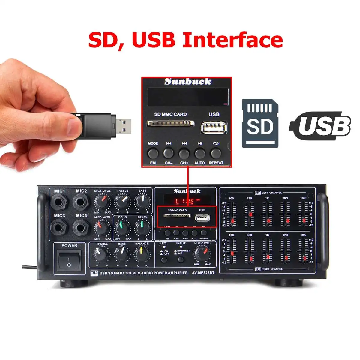 2000W 110-240V bluetooth Power Amplifier System Sound Audio Stereo Receiver Support USB FM SD bluetooth 4 MIC Input