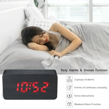 

Two USB Ports/Battery Digital Wood Clock 115-Color LED Alarm Clock Time/Temperature/Date Display Voice Control Snooze Fountain