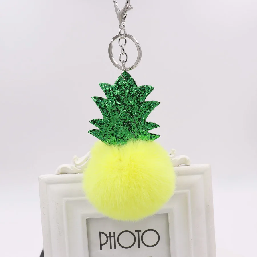 

New Creative Hot cute pineapple Fake Rabbit Fur Ball Key Chain Pompom Key Chain Pom Pom Key Rings Girl Women Bag Jewelry