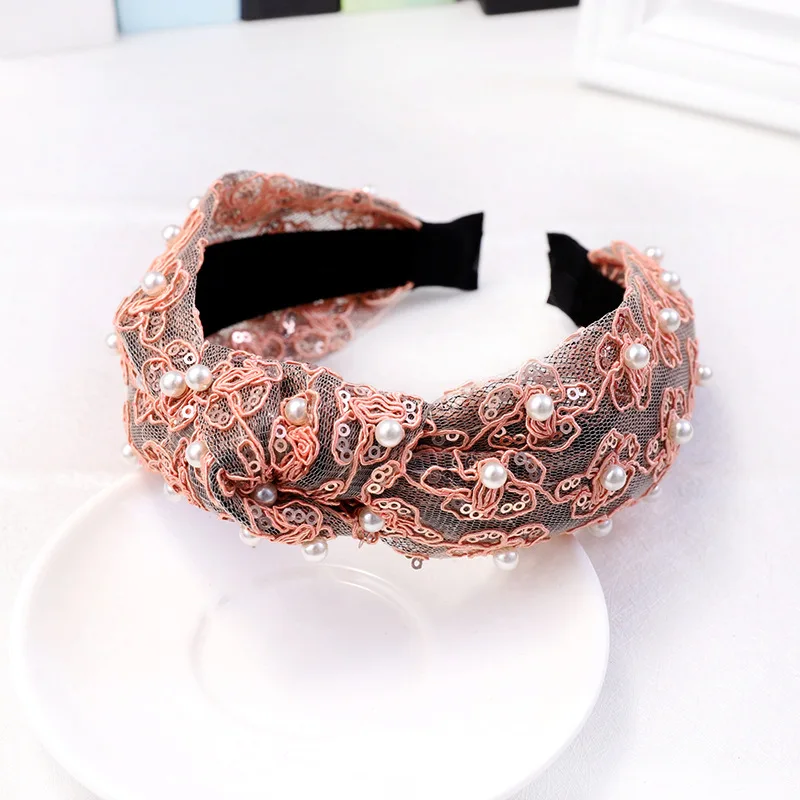 pink Sweet Ladies Pearl Headband Boutique Headwear Fashion Sequins Lace Hairband Top Knot Headband for women and girls - Цвет: pink