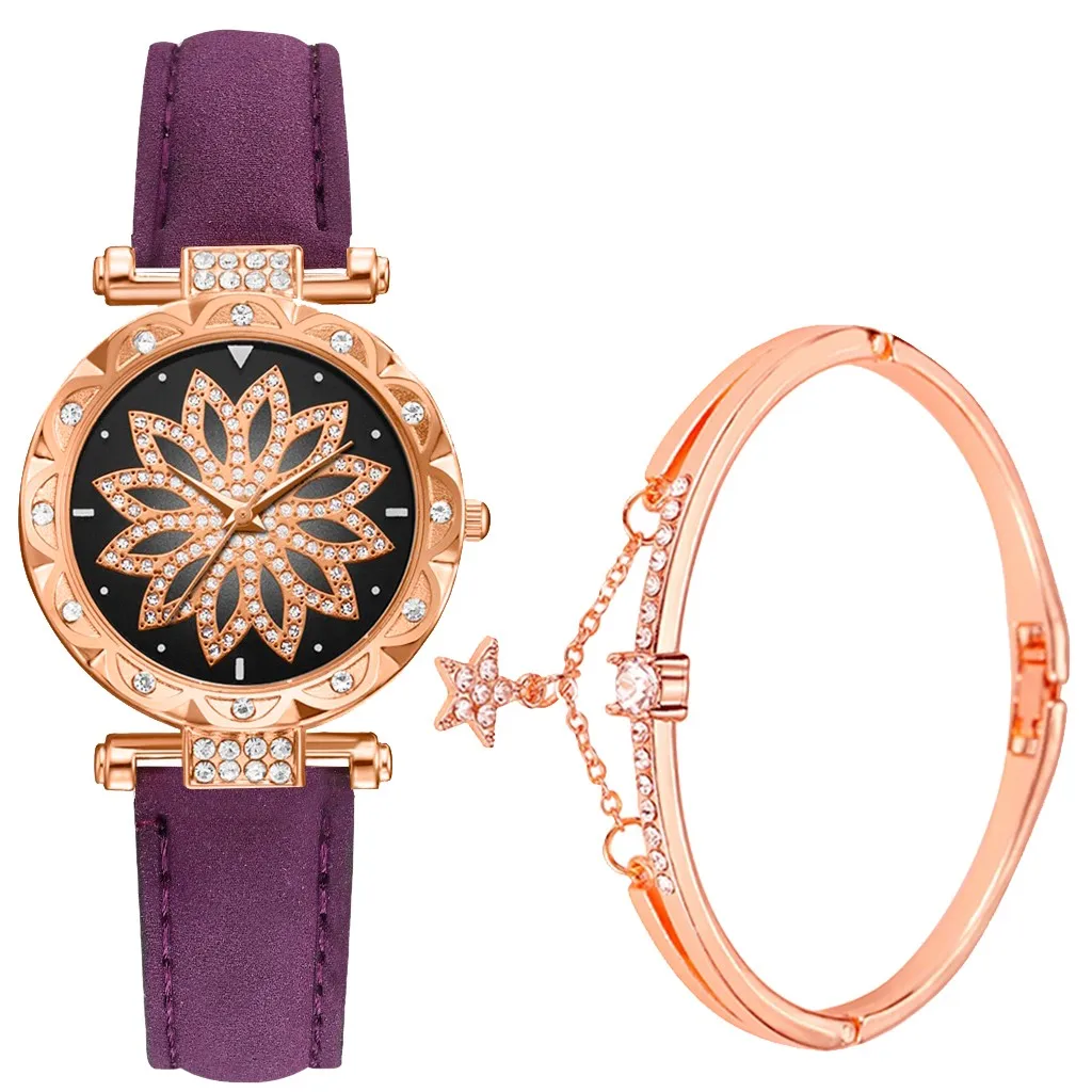 Женские часы Звездное небо часы браслет набор для женщин браслет повседневные часы, кожа кварцевые наручные часы Часы Relogio Feminino L58