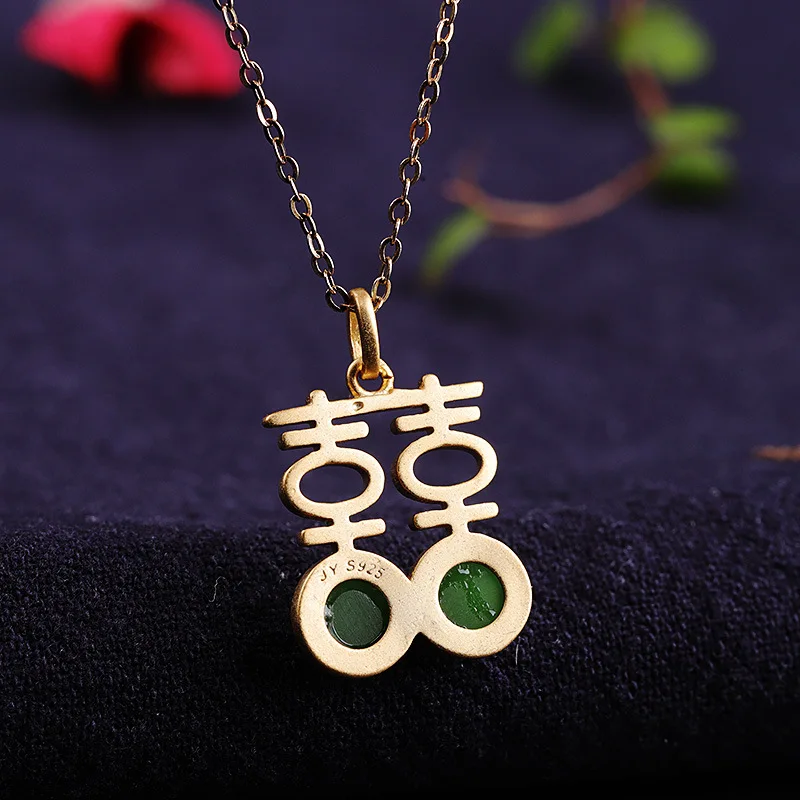 Uglyless HAPPY Marriage Gifts Jewelry China Chic XI Jewelry Sets for Women Natural Jade Pendant+ Earrings 925 Silver Bijoux S24