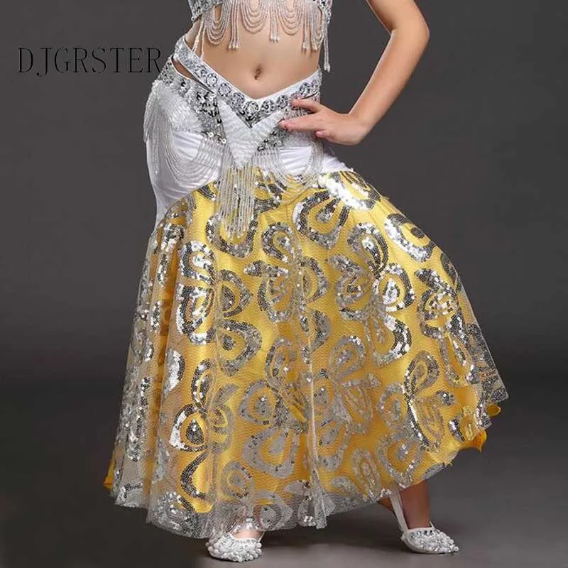 DJGRSTER 1pcslot children Sequins belly dancing skirt girl chiffon candy color Split long dancing skirt stage performance skirt (7)
