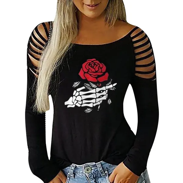 

Stylish Bar Women Autumn 2019 Tshirt Long Sleeve Top Tees Sexy Off Shoulder Rose Print T-Shirt O-neck Loose Plus Size 5XL Shirts