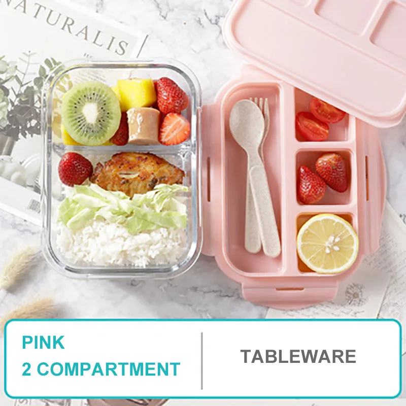 ONEUP Ланч-бокс для детей стеклянный микроволновый порционная коробка Bento для хранения еды контейнер с отсек для хранения школы герметичная кухня Comida - Цвет: Pink 2 compartment