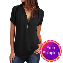 Женская Повседневная летняя футболка, Женская свободная футболка с v-образным вырезом на молнии, женская модная футболка с коротким рукавом, vestidos mujer verano