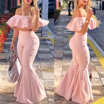 

Women Two Piece Outfits Off Shoulder Ruffle Crop Tops And Flare Pants Short 2 Piece Set Summer Club Party Festival Set